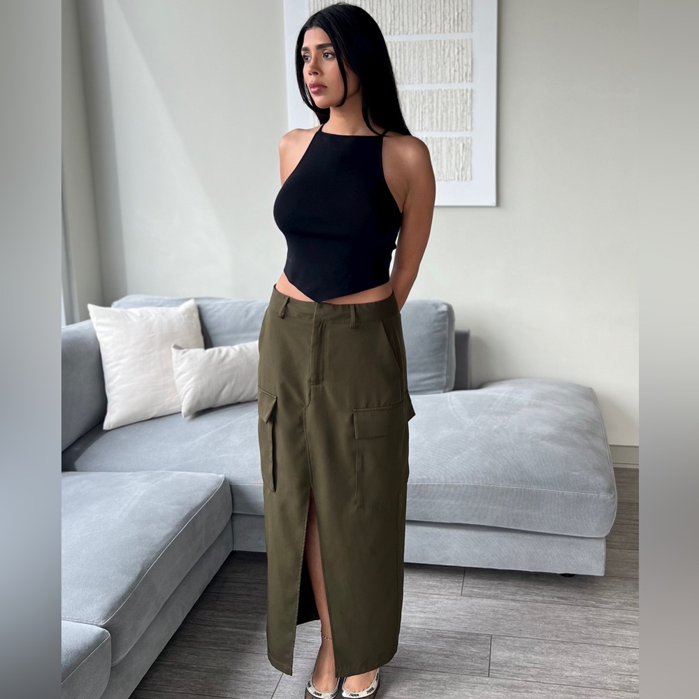 High Waist Split Pocket Maxi Skirt